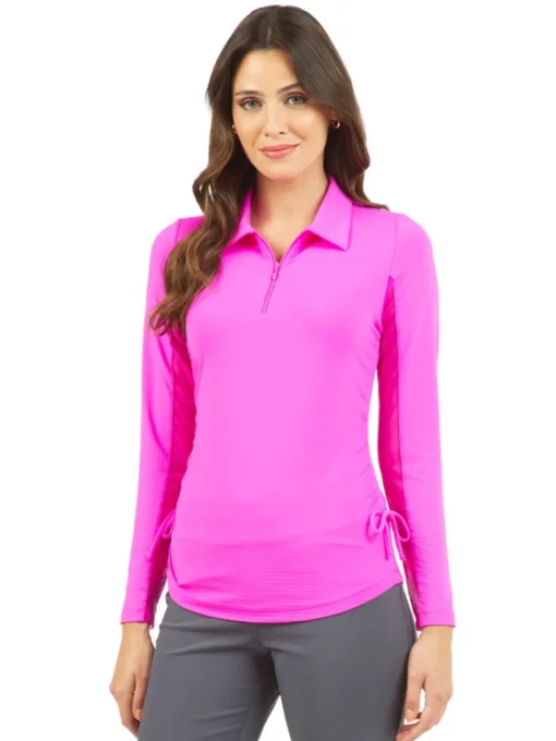 Ibkul Adjustable Long Sleeve Zip Polo - Hot Pink