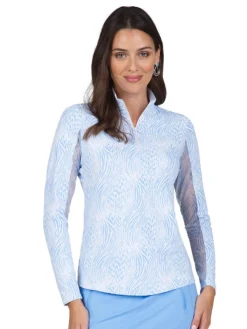 Ibkul Alena Print Long Sleeve Mock Neck Top - Peri/White