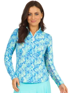 Ibkul Cora Print Long Sleeve Mock Neck Top - Jade/Blue