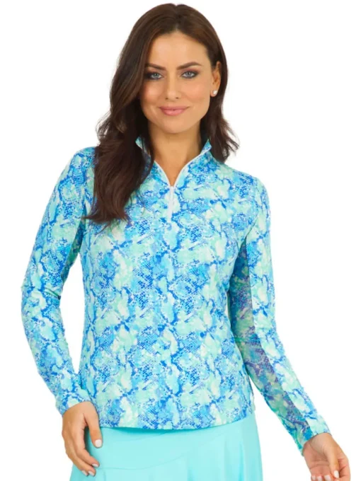 Ibkul Cora Print Long Sleeve Mock Neck Top - Jade/Blue