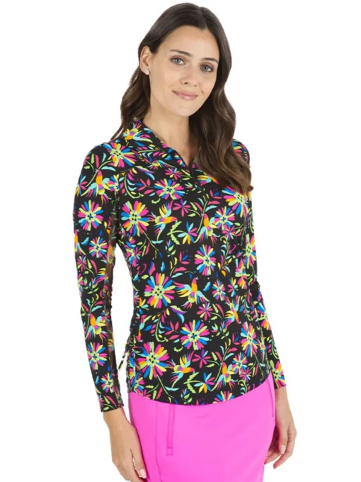 Ibkul Estela Print Long Sleeve Mock Neck Top - Black/Multi