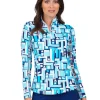 Ibkul Jennifer Print Long Sleeve Mock Neck Top - Turquoise/Navy