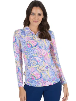 Ibkul Mariel Print Long Sleeve Mock Neck Top - Blue/Multi