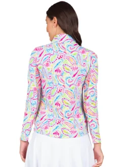 Ibkul Massie Print Long Sleeve Mock Neck Top - Watermelon/Multi