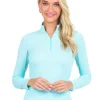 Ibkul Mini Check Long Sleeve Mock Neck Top - Seafoam/White