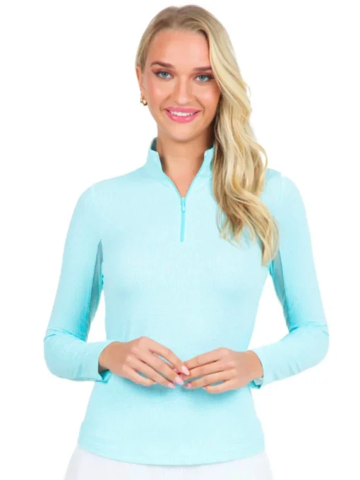 Ibkul Mini Check Long Sleeve Mock Neck Top - Seafoam/White