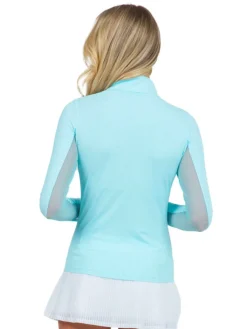 Ibkul Mini Check Long Sleeve Mock Neck Top - Seafoam/White