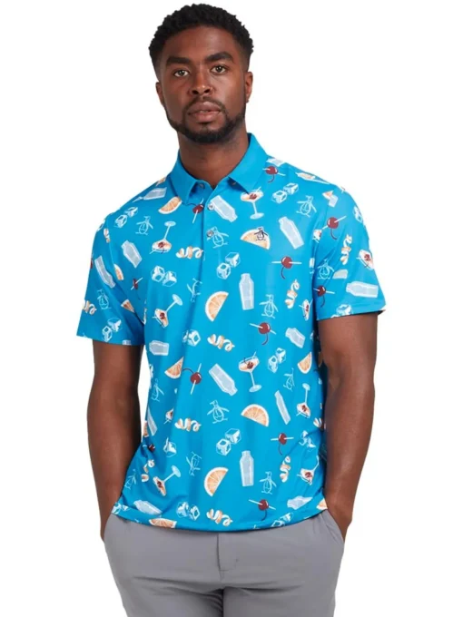 Original Penguin All Over Oversized Cocktail Print Polo - Mediterranean Blue