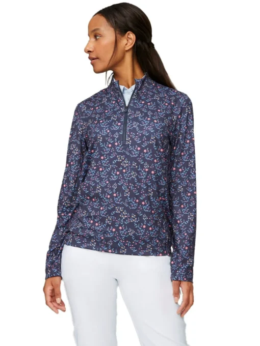 Puma Women'S Floral Cloudspun 1/4-Zip Golf Pullover - Navy Blazer/Loveable
